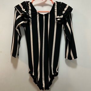 Soft leotard/ one piece, black & cream striped w/ruffle shoulders & long sleeves